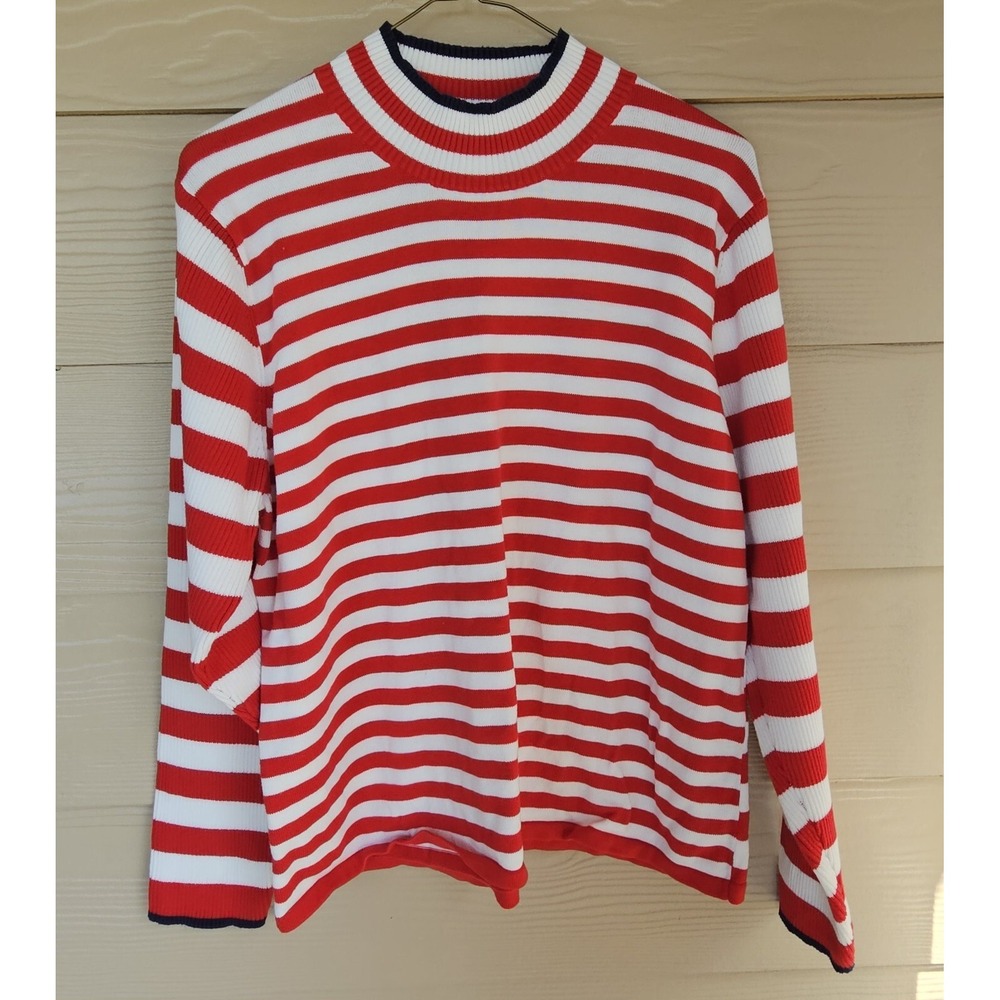 Vintage Susan Bistrol Nautical Red & White Striped Preppy Pullover Sweater Sz XL